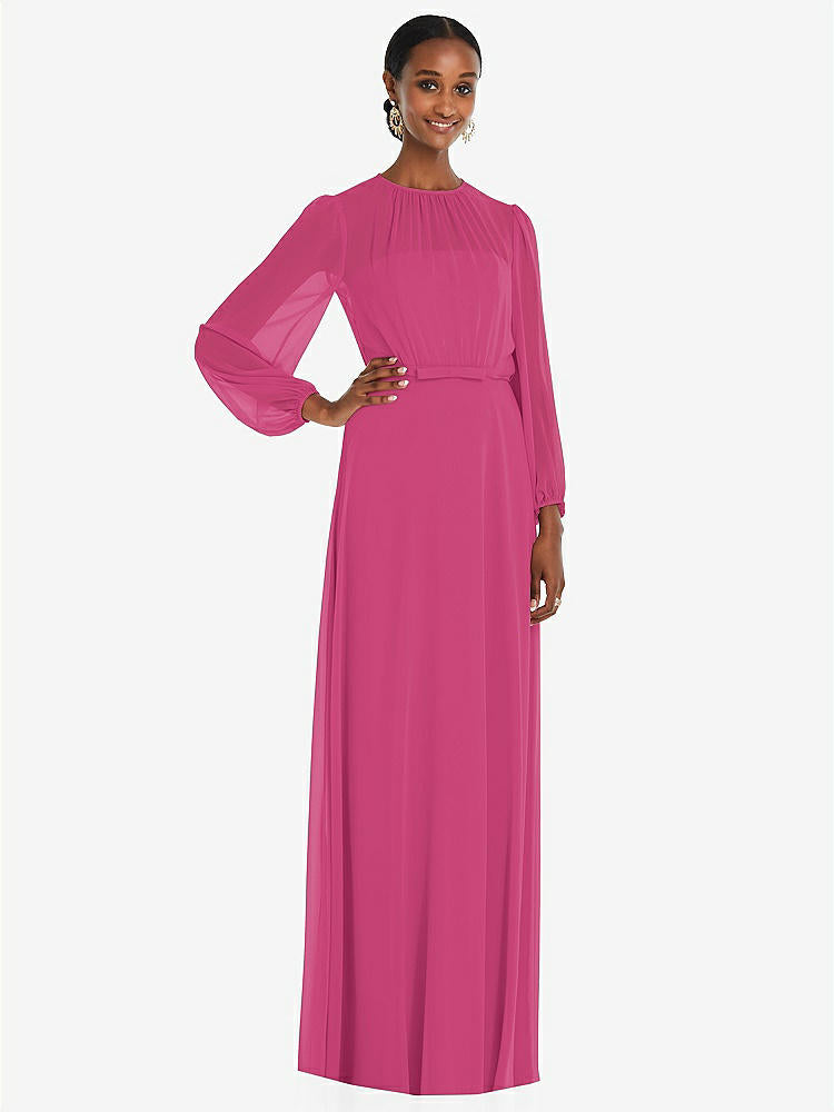 【NEW】【STYLE: 3098】ストラップレス シフォン マキシ ドレス パフ付き スリーブ ブルーソン オーバーレイ 【COLOR: Tea Rose】【SIZE: 00-30W】
