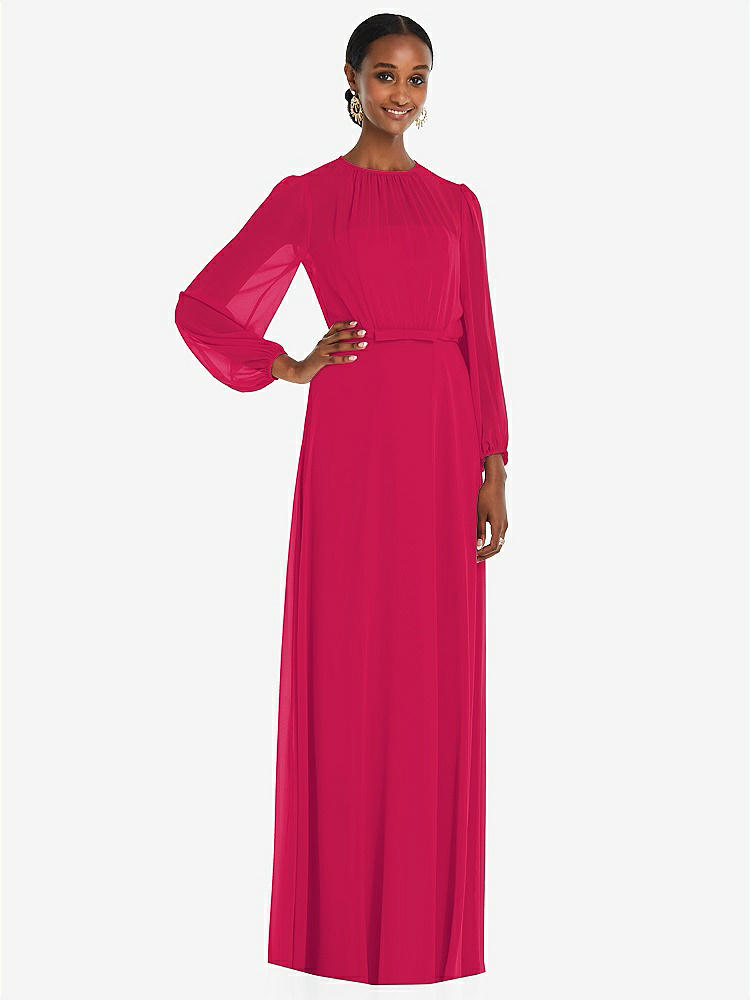 【NEW】【STYLE: 3098】ストラップレス シフォン マキシ ドレス パフ付き スリーブ ブルーソン オーバーレイ 【COLOR: Vivid Pink】【SIZE: 00-30W】