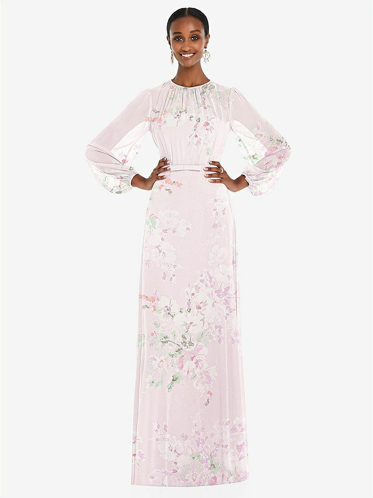 【STYLE: 3098】Strapless Chiffon Maxi Dress with Puff Sleeve Blouson Overlay 【COLOR: Watercolor Print】