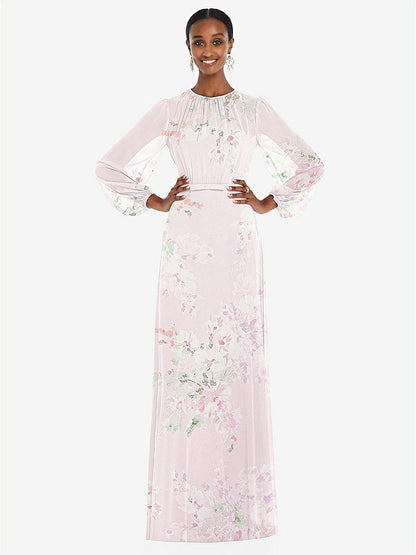 【STYLE: 3098】Strapless Chiffon Maxi Dress with Puff Sleeve Blouson Overlay 【COLOR: Watercolor Print】