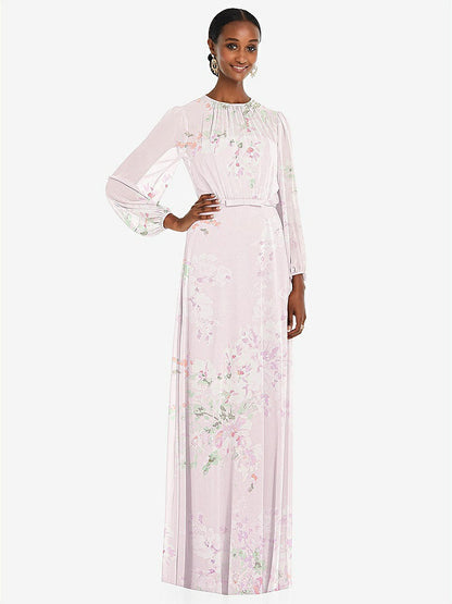 【STYLE: 3098】Strapless Chiffon Maxi Dress with Puff Sleeve Blouson Overlay 【COLOR: Watercolor Print】
