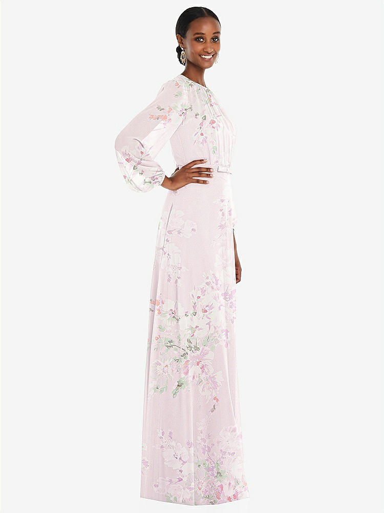 【STYLE: 3098】Strapless Chiffon Maxi Dress with Puff Sleeve Blouson Overlay 【COLOR: Watercolor Print】