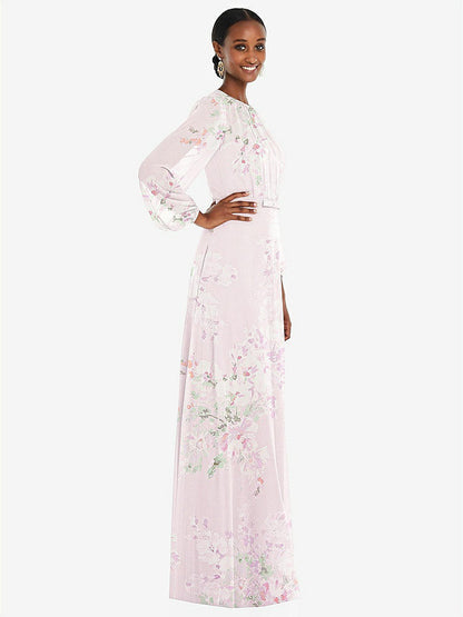 【STYLE: 3098】Strapless Chiffon Maxi Dress with Puff Sleeve Blouson Overlay 【COLOR: Watercolor Print】