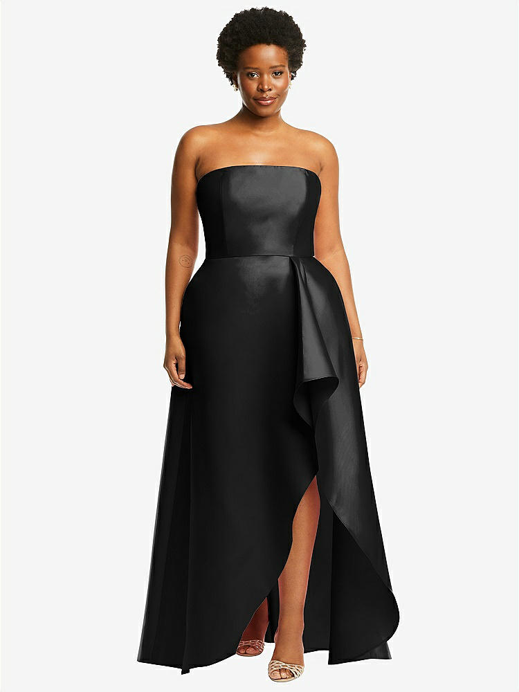 【STYLE: D832】Strapless Satin Gown with Draped Front Slit and Pockets【COLOR: Black】