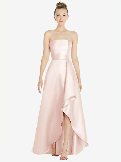 【NEW】【STYLE: D832】ストラップレス サテン ガウン ドレープ 前面 スリット および ポケット【COLOR: Blush】【SIZE: 00-30W】