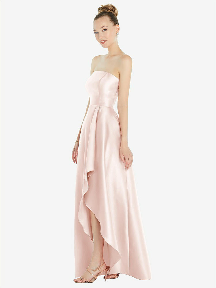 【NEW】【STYLE: D832】ストラップレス サテン ガウン ドレープ 前面 スリット および ポケット【COLOR: Blush】【SIZE: 00-30W】