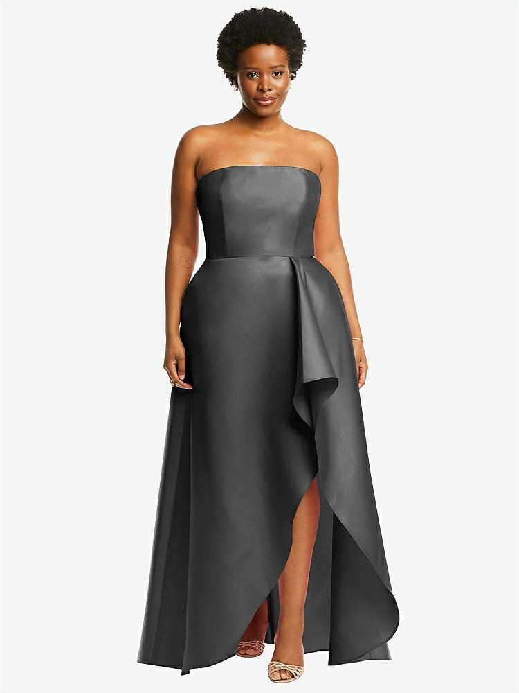 【STYLE: D832】Strapless Satin Gown with Draped Front Slit and Pockets【COLOR: Gunmetal】