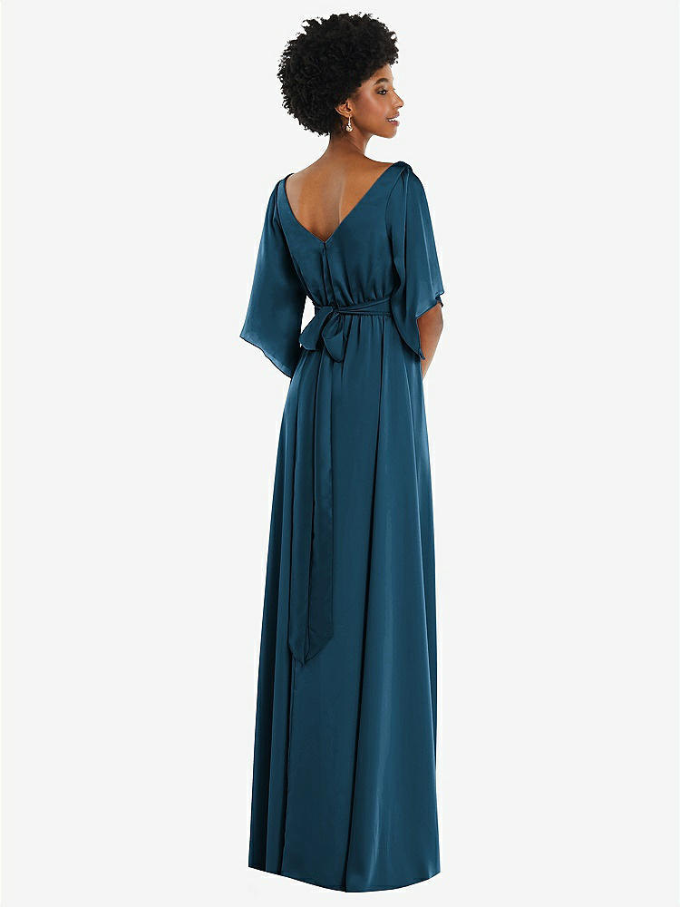 【NEW】【STYLE: 3102】非対称 ベル スリーブ ラップ マキシ ドレス 前面 スリット【COLOR: Atlantic Blue】【SIZE: 00-30W】