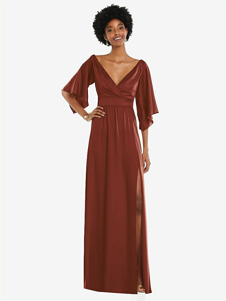 【STYLE: 3102】Asymmetric Bell Sleeve Wrap Maxi Dress with Front Slit【COLOR: Auburn Moon】