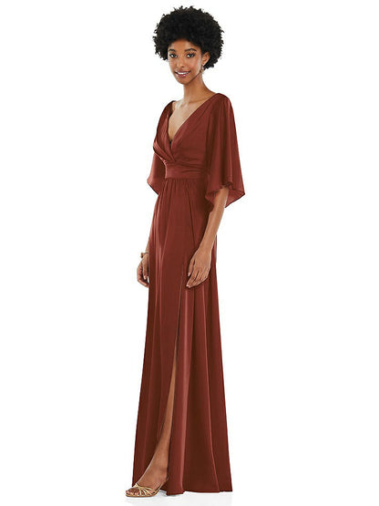 【STYLE: 3102】Asymmetric Bell Sleeve Wrap Maxi Dress with Front Slit【COLOR: Auburn Moon】
