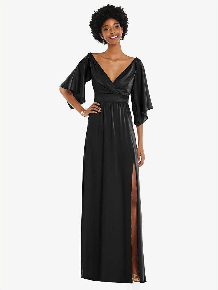 【STYLE: 3102】Asymmetric Bell Sleeve Wrap Maxi Dress with Front Slit【COLOR: Black】