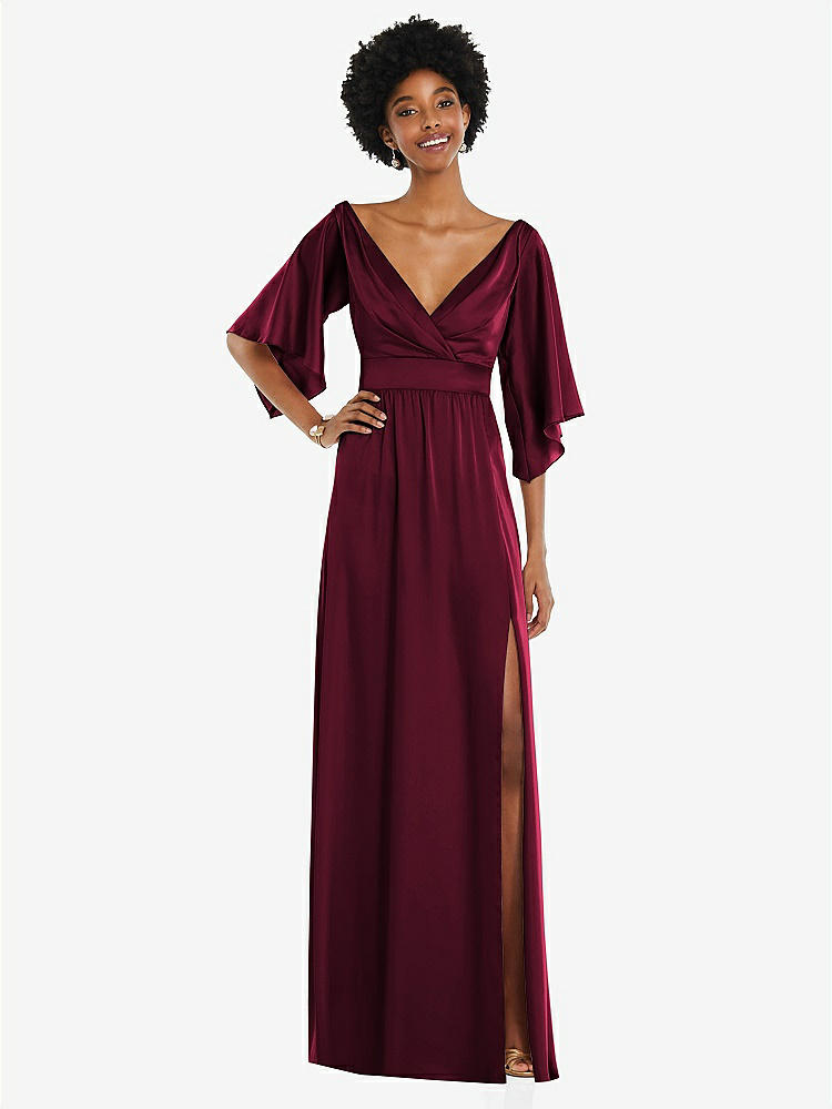 【STYLE: 3102】Asymmetric Bell Sleeve Wrap Maxi Dress with Front Slit【COLOR: Cabernet】
