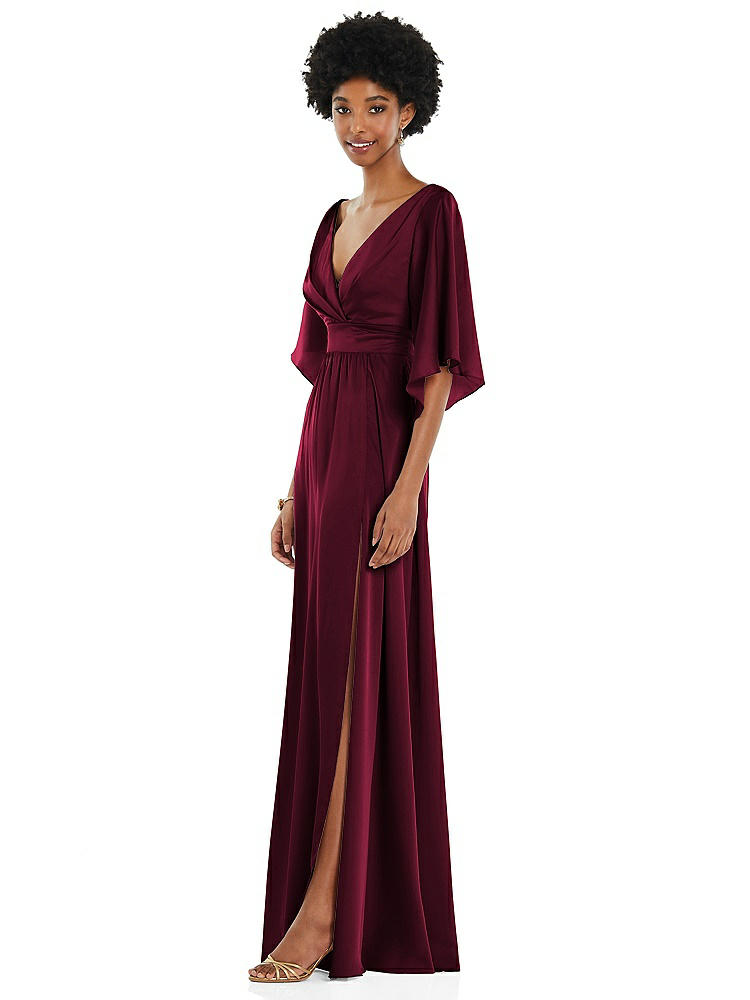 【STYLE: 3102】Asymmetric Bell Sleeve Wrap Maxi Dress with Front Slit【COLOR: Cabernet】