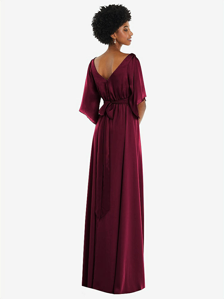 【STYLE: 3102】Asymmetric Bell Sleeve Wrap Maxi Dress with Front Slit【COLOR: Cabernet】