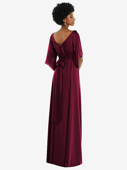 【STYLE: 3102】Asymmetric Bell Sleeve Wrap Maxi Dress with Front Slit【COLOR: Cabernet】
