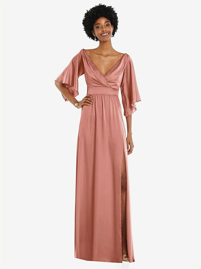 【NEW】【STYLE: 3102】非対称 ベル スリーブ ラップ マキシ ドレス 前面 スリット【COLOR: Desert Rose】【SIZE: 00-30W】