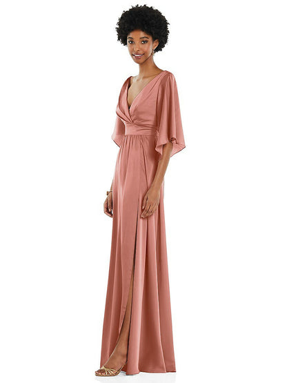 【NEW】【STYLE: 3102】非対称 ベル スリーブ ラップ マキシ ドレス 前面 スリット【COLOR: Desert Rose】【SIZE: 00-30W】