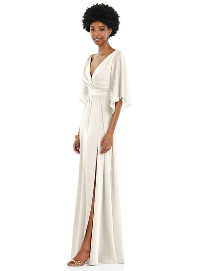 【STYLE: 3102】Asymmetric Bell Sleeve Wrap Maxi Dress with Front Slit【COLOR: Ivory】