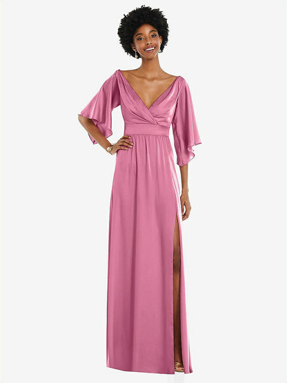 【STYLE: 3102】Asymmetric Bell Sleeve Wrap Maxi Dress with Front Slit【COLOR: Orchid Pink】