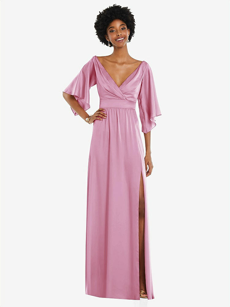 【NEW】【STYLE: 3102】非対称 ベル スリーブ ラップ マキシ ドレス 前面 スリット【COLOR: Powder Pink】【SIZE: 00-30W】