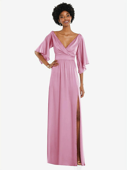 【NEW】【STYLE: 3102】非対称 ベル スリーブ ラップ マキシ ドレス 前面 スリット【COLOR: Powder Pink】【SIZE: 00-30W】