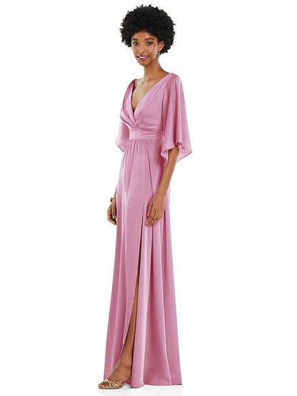 【NEW】【STYLE: 3102】非対称 ベル スリーブ ラップ マキシ ドレス 前面 スリット【COLOR: Powder Pink】【SIZE: 00-30W】