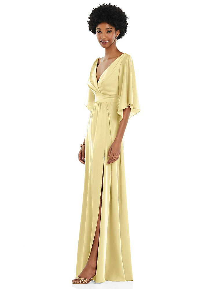 【NEW】【STYLE: 3102】非対称 ベル スリーブ ラップ マキシ ドレス 前面 スリット【COLOR: Pale Yellow】【SIZE: 00-30W】