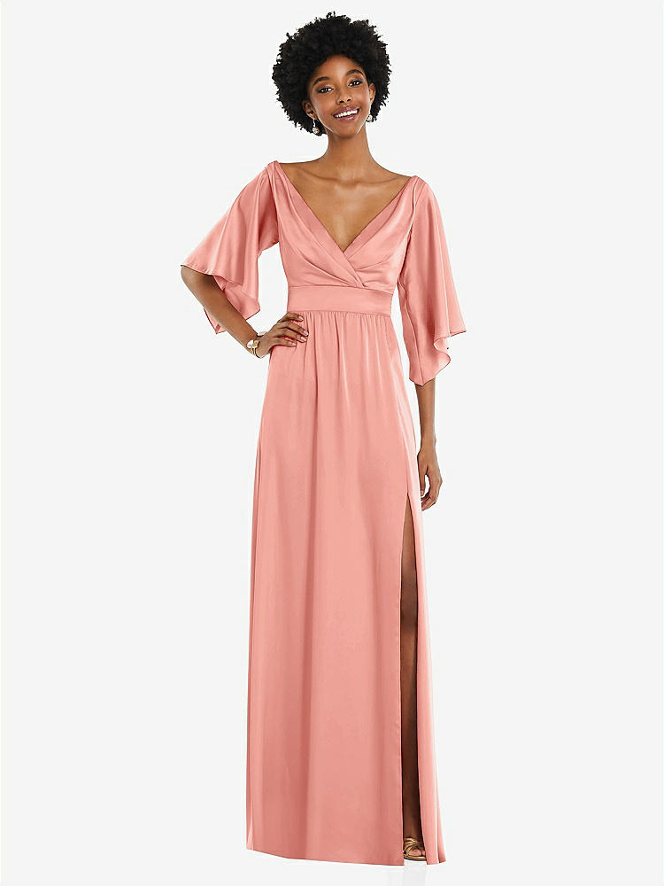 【STYLE: 3102】Asymmetric Bell Sleeve Wrap Maxi Dress with Front Slit【COLOR: Rose - PANTONE Rose Quartz】