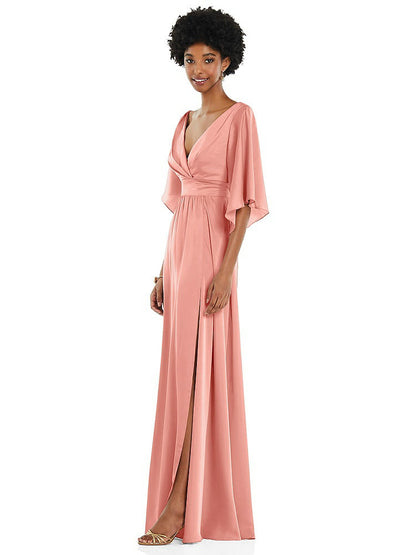 【STYLE: 3102】Asymmetric Bell Sleeve Wrap Maxi Dress with Front Slit【COLOR: Rose - PANTONE Rose Quartz】