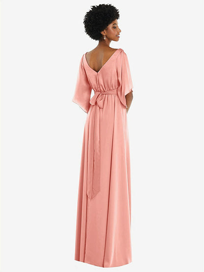 【STYLE: 3102】Asymmetric Bell Sleeve Wrap Maxi Dress with Front Slit【COLOR: Rose - PANTONE Rose Quartz】