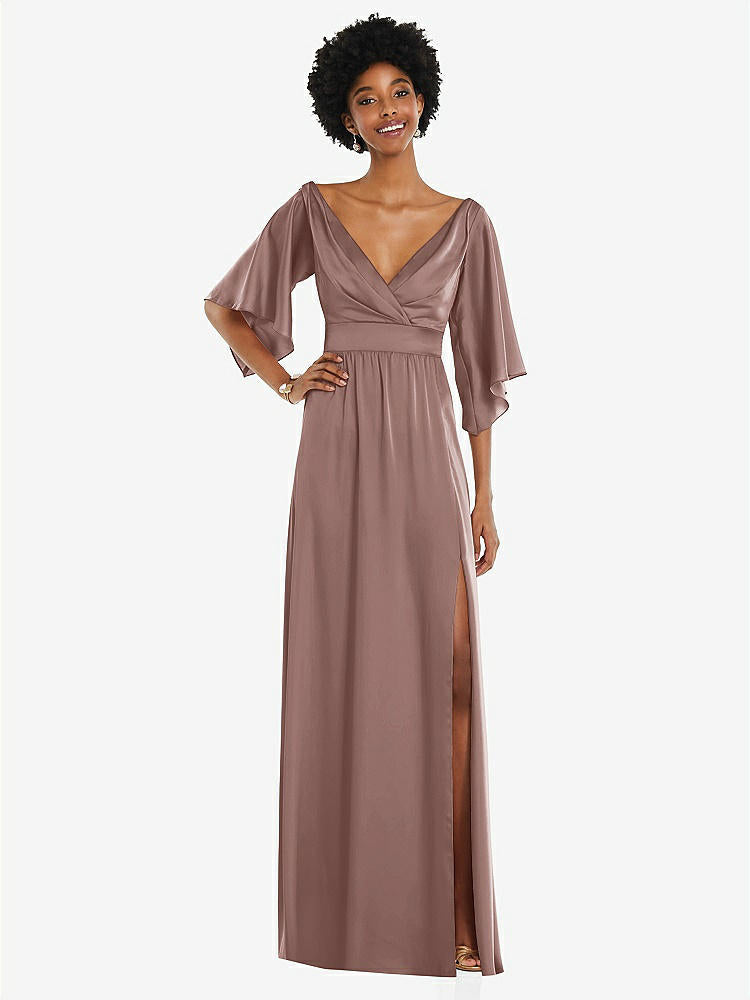 【STYLE: 3102】Asymmetric Bell Sleeve Wrap Maxi Dress with Front Slit【COLOR: Sienna】