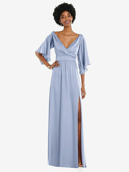 【NEW】【STYLE: 3102】非対称 ベル スリーブ ラップ マキシ ドレス 前面 スリット【COLOR: Sky Blue】【SIZE: 00-30W】