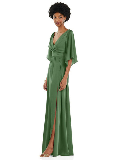 【STYLE: 3102】Asymmetric Bell Sleeve Wrap Maxi Dress with Front Slit【COLOR: Vineyard Green】