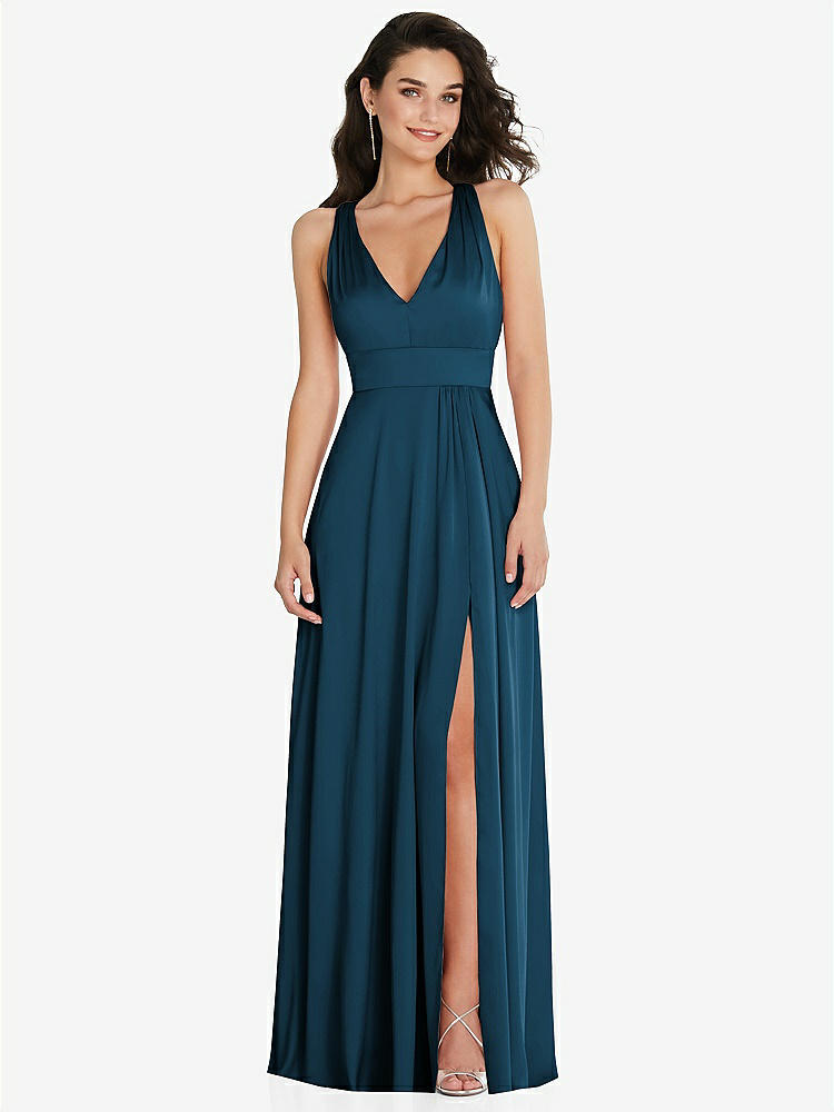 【NEW】【STYLE: 6863】Shirred 肩 Criss Cross Back Maxi ドレス 前面 スリット【COLOR: Atlantic Blue】【SIZE: 00-30W】
