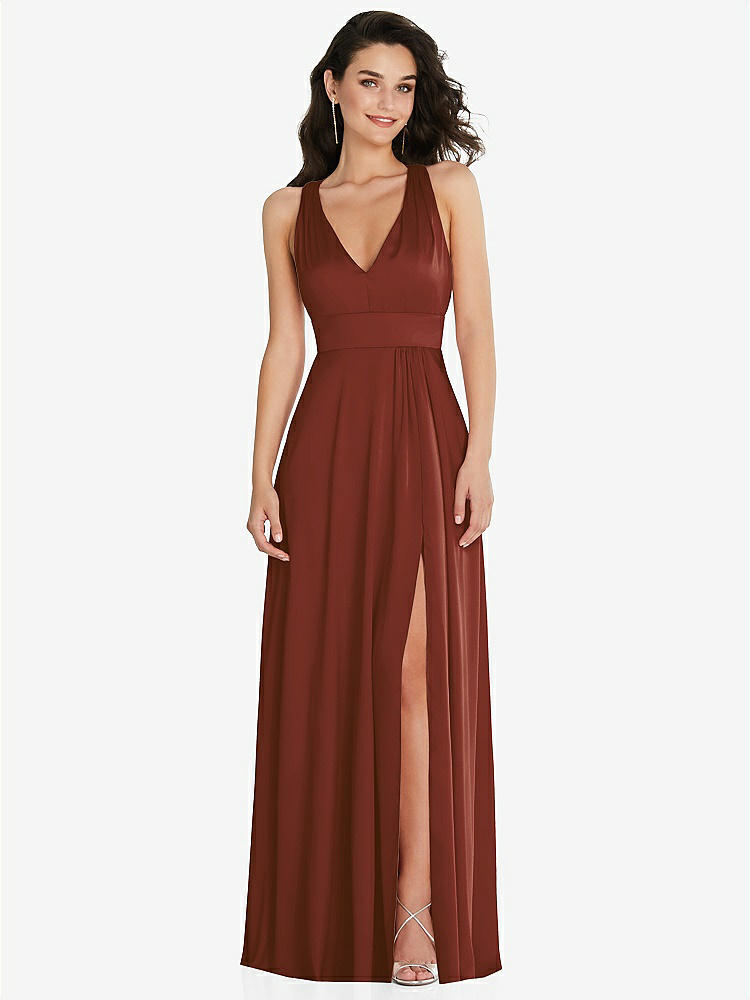 【NEW】【STYLE: 6863】Shirred 肩 Criss Cross Back Maxi ドレス 前面 スリット【COLOR: Auburn Moon】【SIZE: 00-30W】