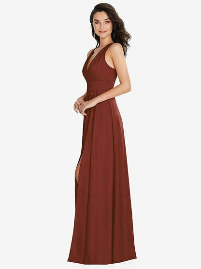 【NEW】【STYLE: 6863】Shirred 肩 Criss Cross Back Maxi ドレス 前面 スリット【COLOR: Auburn Moon】【SIZE: 00-30W】