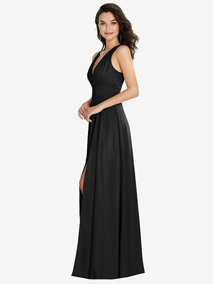 【NEW】【STYLE: 6863】Shirred 肩 Criss Cross Back Maxi ドレス 前面 スリット【COLOR: Black】【SIZE: 00-30W】