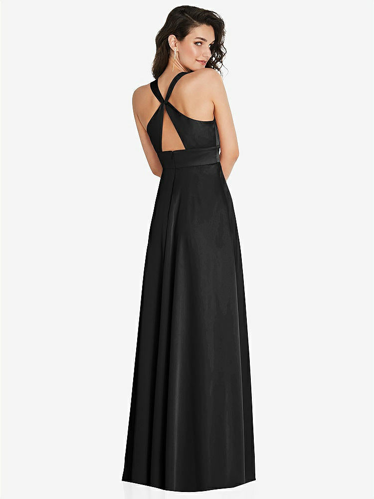 【NEW】【STYLE: 6863】Shirred 肩 Criss Cross Back Maxi ドレス 前面 スリット【COLOR: Black】【SIZE: 00-30W】