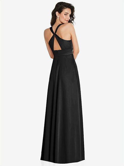 【NEW】【STYLE: 6863】Shirred 肩 Criss Cross Back Maxi ドレス 前面 スリット【COLOR: Black】【SIZE: 00-30W】