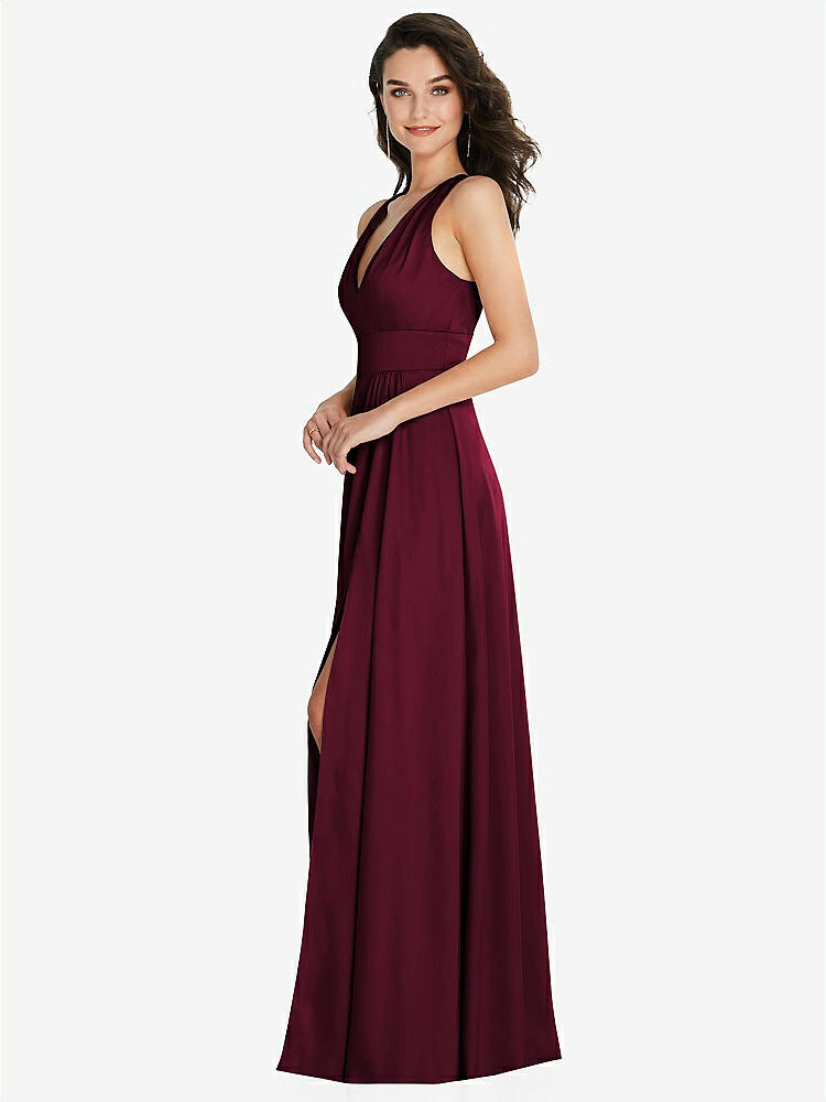【NEW】【STYLE: 6863】Shirred 肩 Criss Cross Back Maxi ドレス 前面 スリット【COLOR: Cabernet】【SIZE: 00-30W】
