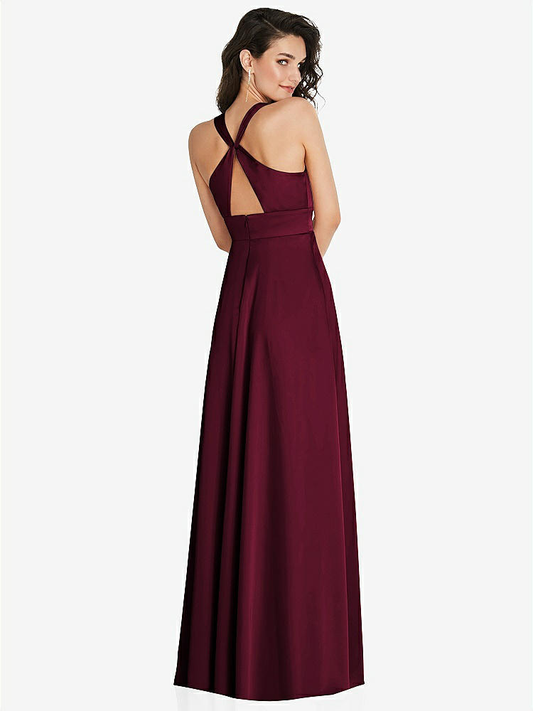 【NEW】【STYLE: 6863】Shirred 肩 Criss Cross Back Maxi ドレス 前面 スリット【COLOR: Cabernet】【SIZE: 00-30W】