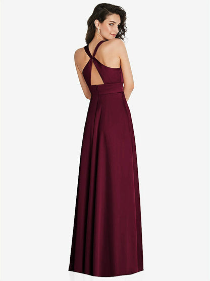 【NEW】【STYLE: 6863】Shirred 肩 Criss Cross Back Maxi ドレス 前面 スリット【COLOR: Cabernet】【SIZE: 00-30W】