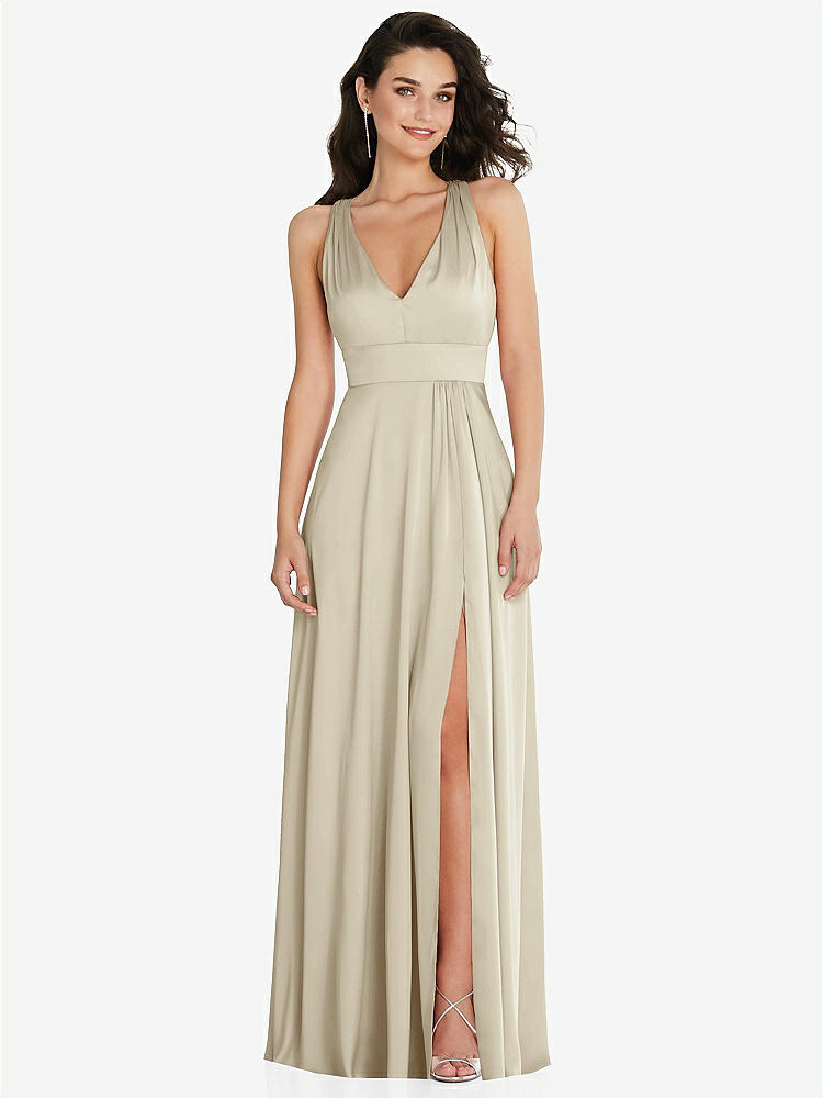 【NEW】【STYLE: 6863】Shirred 肩 Criss Cross Back Maxi ドレス 前面 スリット【COLOR: Champagne】【SIZE: 00-30W】