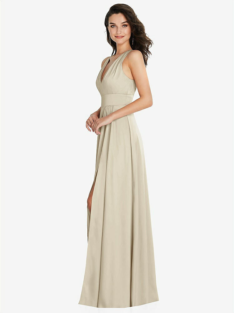 【NEW】【STYLE: 6863】Shirred 肩 Criss Cross Back Maxi ドレス 前面 スリット【COLOR: Champagne】【SIZE: 00-30W】
