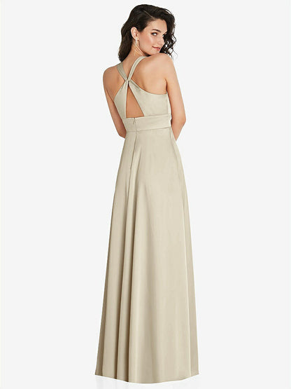 【NEW】【STYLE: 6863】Shirred 肩 Criss Cross Back Maxi ドレス 前面 スリット【COLOR: Champagne】【SIZE: 00-30W】