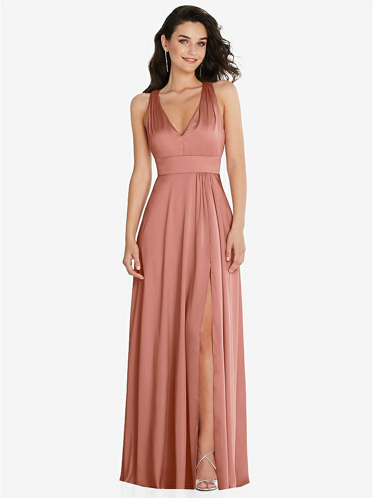 【NEW】【STYLE: 6863】Shirred 肩 Criss Cross Back Maxi ドレス 前面 スリット【COLOR: Desert Rose】【SIZE: 00-30W】