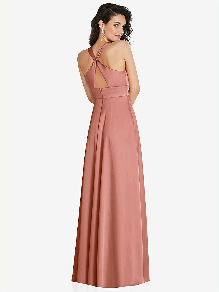 【NEW】【STYLE: 6863】Shirred 肩 Criss Cross Back Maxi ドレス 前面 スリット【COLOR: Desert Rose】【SIZE: 00-30W】