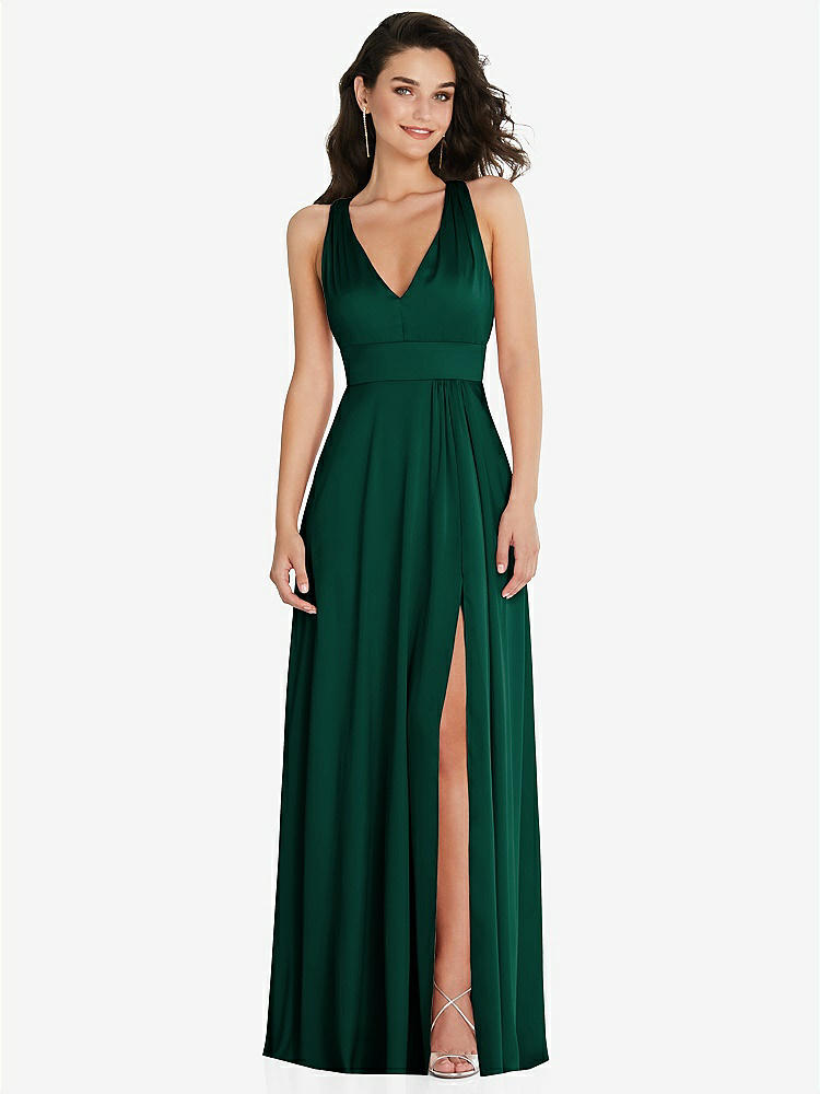 【STYLE: 6863】Shirred Shoulder Criss Cross Back Maxi Dress with Front Slit【COLOR: Hunter Green】