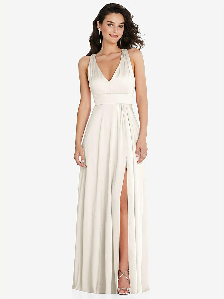 【NEW】【STYLE: 6863】Shirred 肩 Criss Cross Back Maxi ドレス 前面 スリット【COLOR: Ivory】【SIZE: 00-30W】