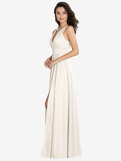 【NEW】【STYLE: 6863】Shirred 肩 Criss Cross Back Maxi ドレス 前面 スリット【COLOR: Ivory】【SIZE: 00-30W】